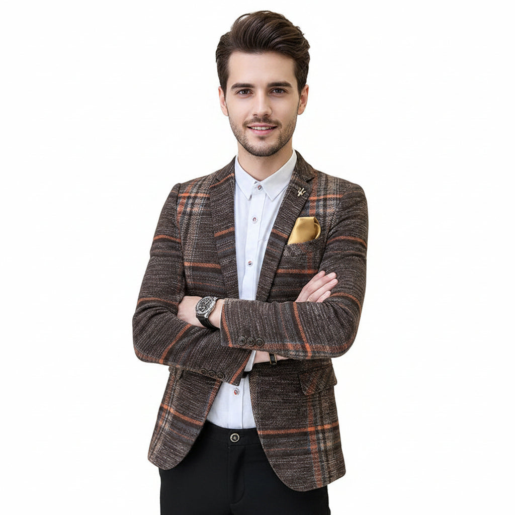 Men's Plaid Slim Fit Tailored Blazer Casual Suit Jacket