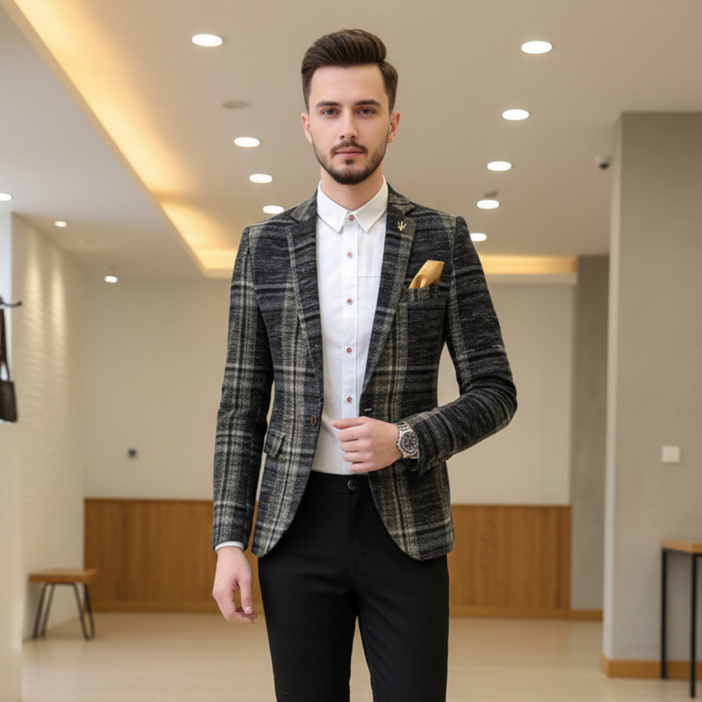 Men's Plaid Slim Fit Tailored Blazer Casual Suit Jacket