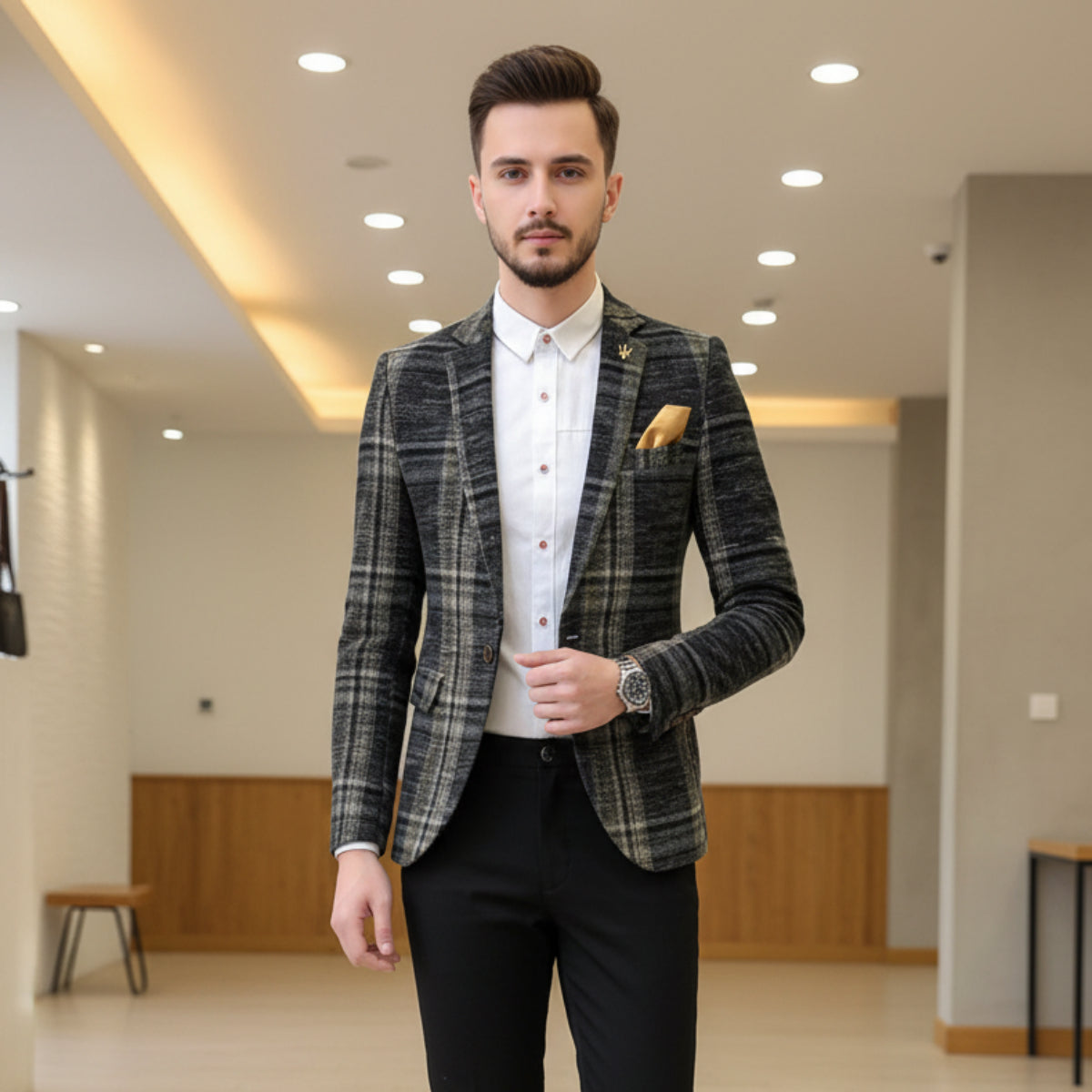 Men's Plaid Slim Fit Tailored Blazer Casual Suit Jacket