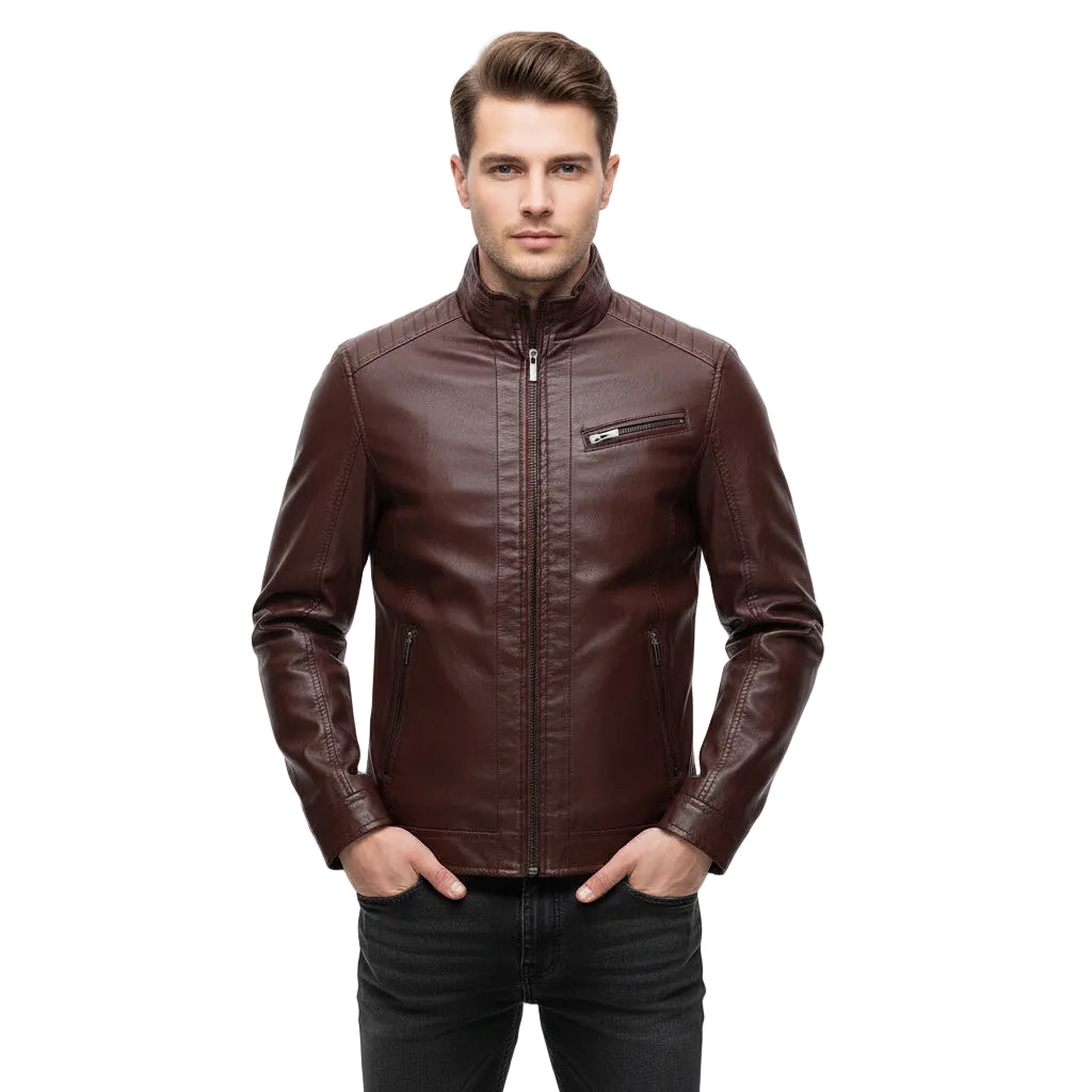 Men's Plus Velvet PU Leather Stand Collar Jacket