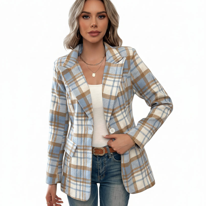 Women's Plaid Button Front Lapel Long Sleeve Blazer