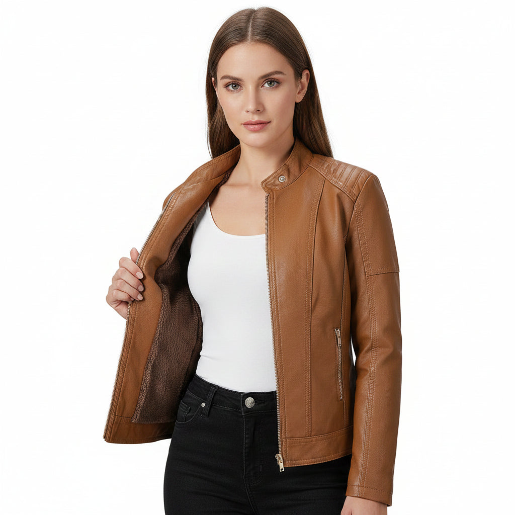 Women's Plus Velvet PU Leather Stand Collar Jacket