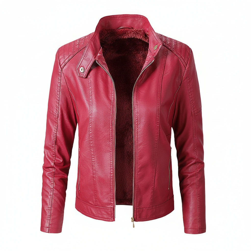 Women's Plus Velvet PU Leather Stand Collar Jacket