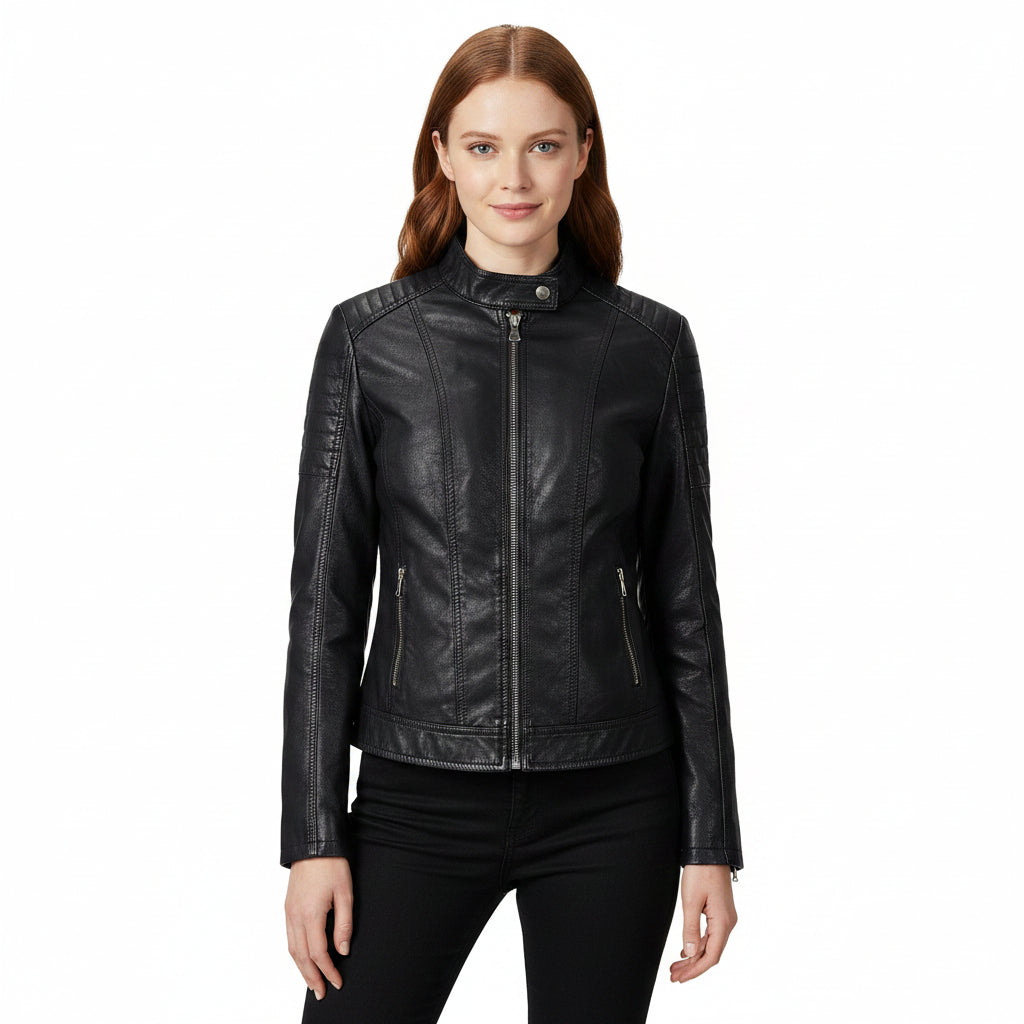 Women's Plus Velvet PU Leather Stand Collar Jacket
