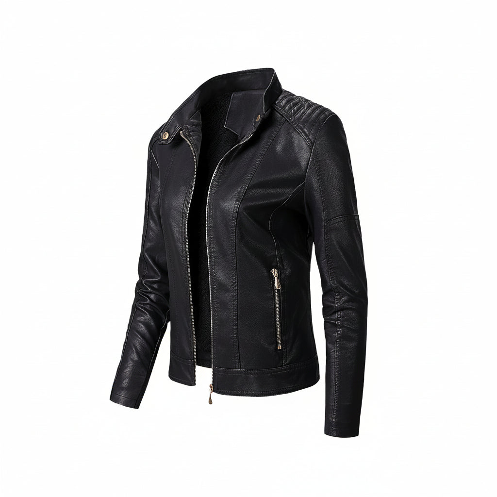 Women's Plus Velvet PU Leather Stand Collar Jacket