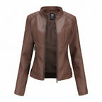 Women's Stand Collar Zip-Up PU Leather Jacket