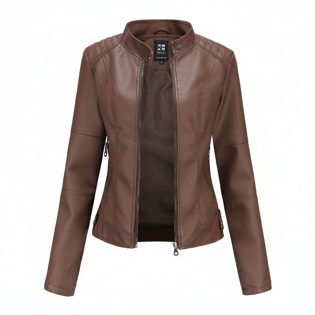 Women's Stand Collar Zip-Up PU Leather Jacket