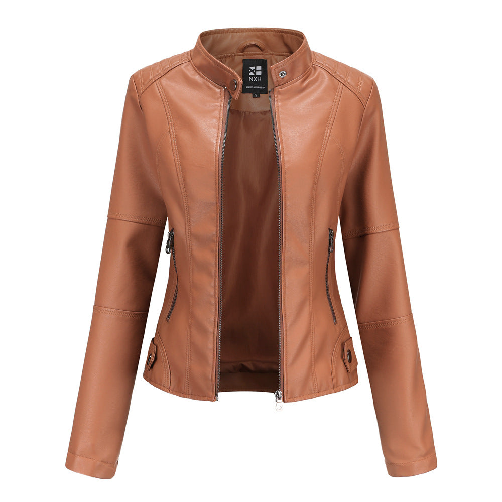 Women's Stand Collar Zip-Up PU Leather Jacket