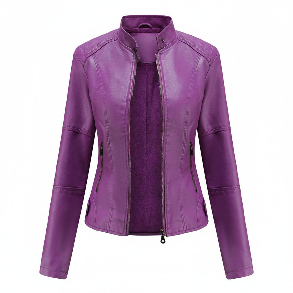 Women's Stand Collar Zip-Up PU Leather Jacket