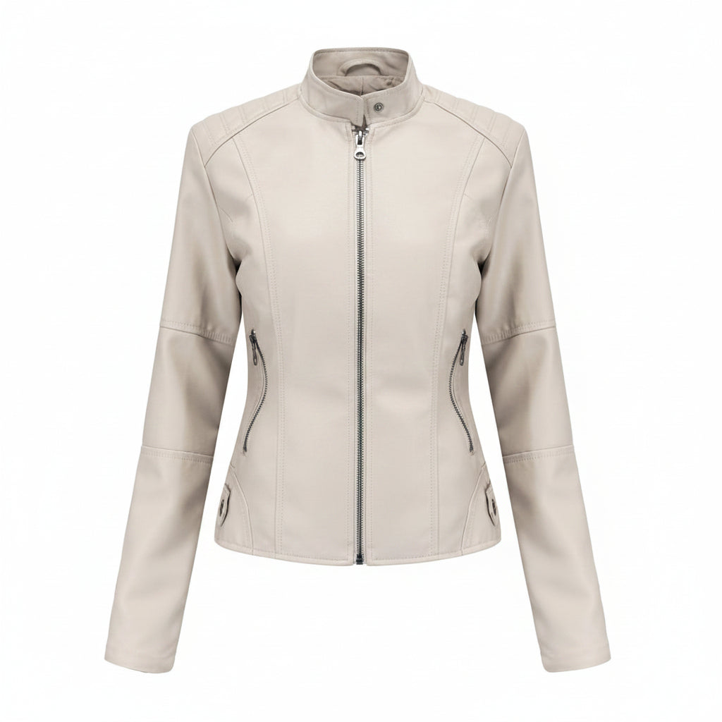 Women's Stand Collar Zip-Up PU Leather Jacket