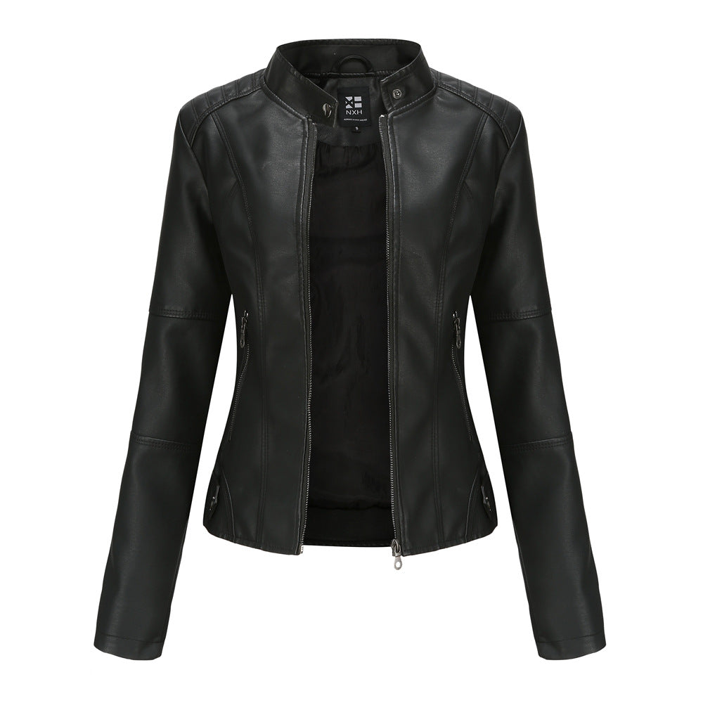Women's Stand Collar Zip-Up PU Leather Jacket
