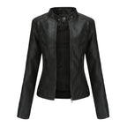 Women's Stand Collar Zip-Up PU Leather Jacket