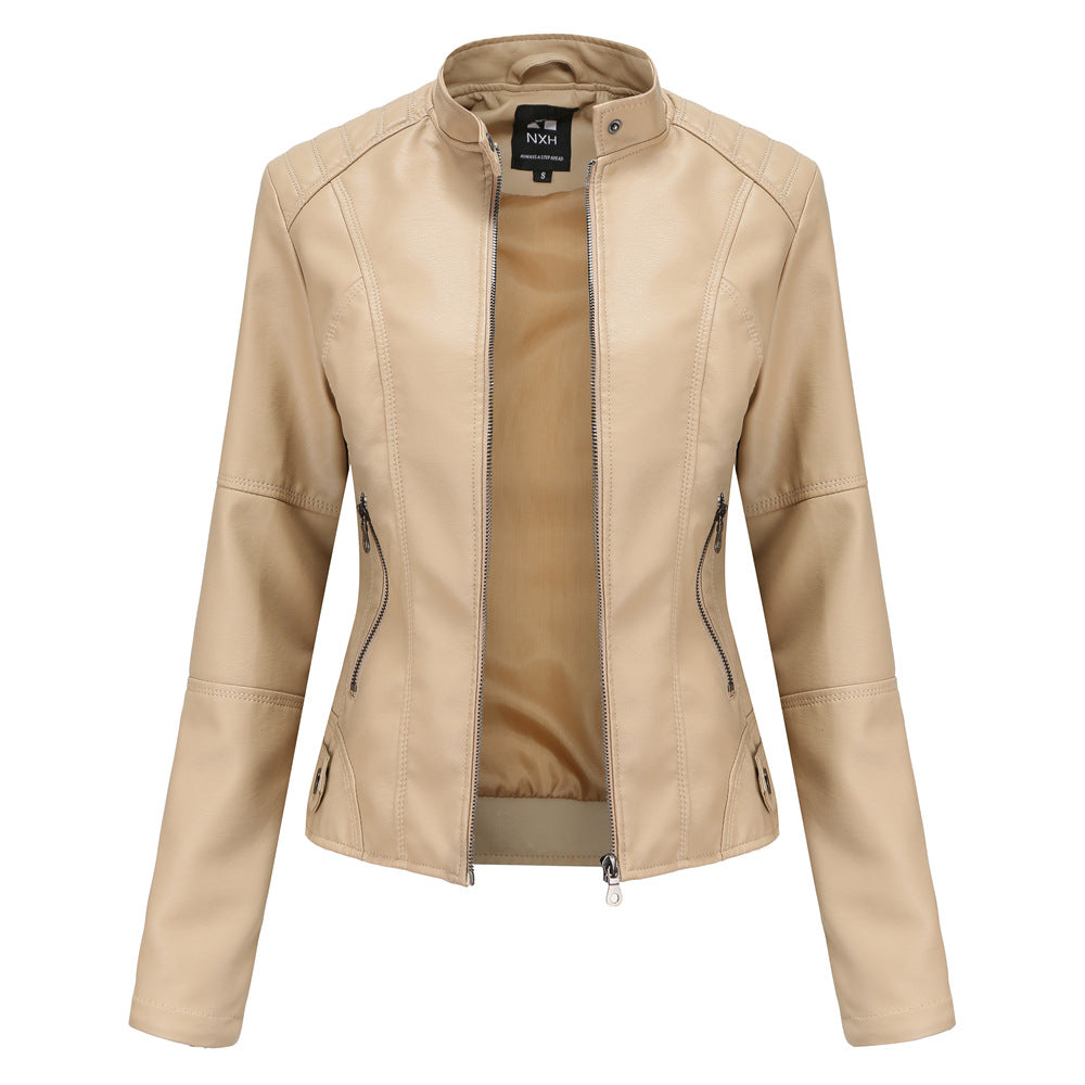Women's Stand Collar Zip-Up PU Leather Jacket
