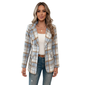 Women's Plaid Button Front Lapel Long Sleeve Blazer