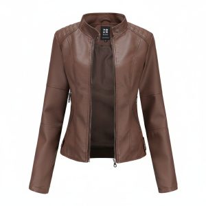Women's Stand Collar Zip-Up PU Leather Jacket